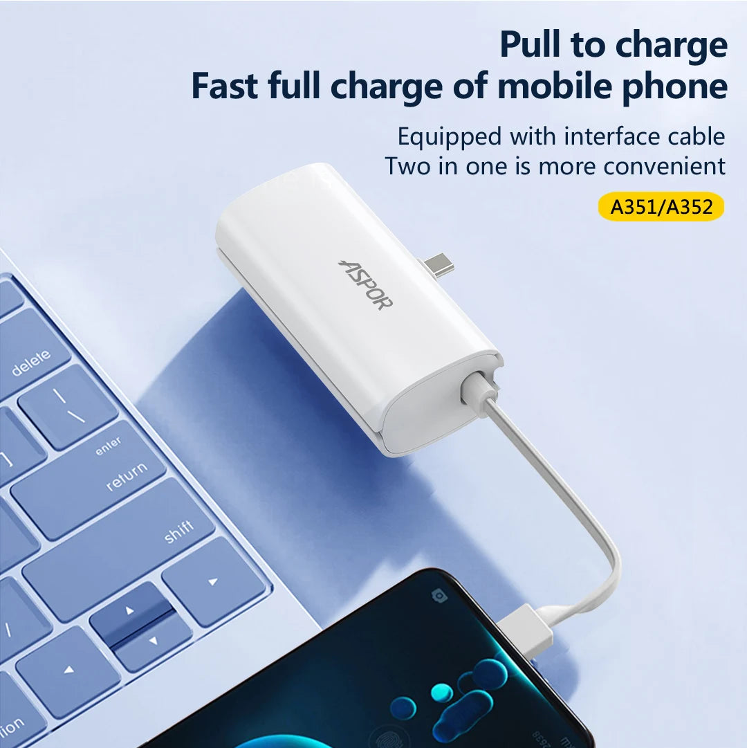 ASPOR A352 Factory Price Built in Cable 5000mAh Ultra-Thin Mini Compact Portable Emergency Power