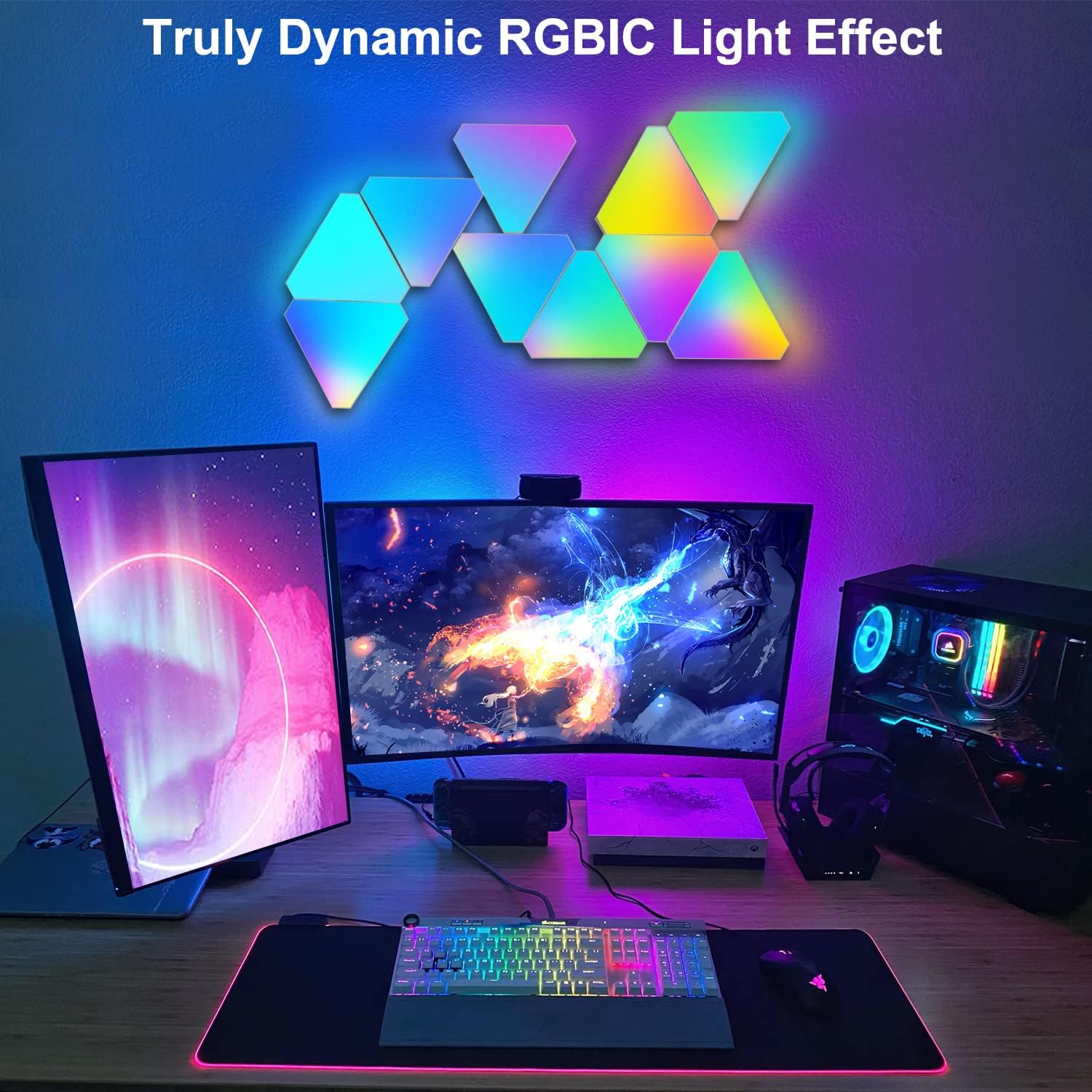 Real RGBIC Triangle LED Light Panels with 6 Connection Ports, App Controlled for Gaming Setup and Bedroom, 6 Pack