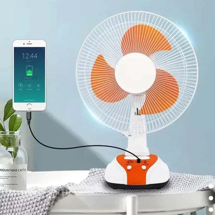 مروحة شمسية قابلة لإعادة الشحن مع إضاءة LED – 12 بوصة