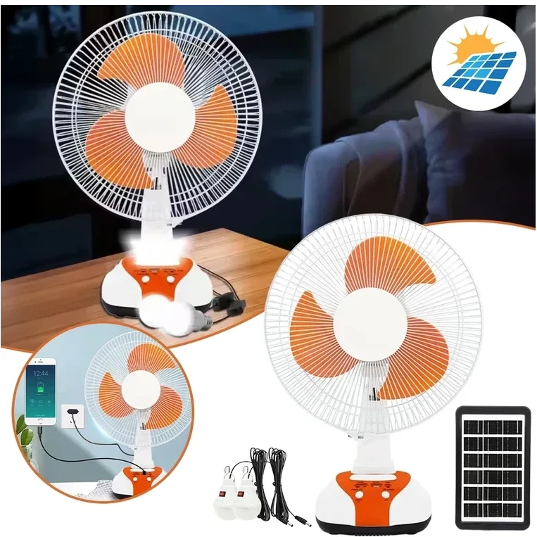 مروحة شمسية قابلة لإعادة الشحن مع إضاءة LED – 12 بوصة