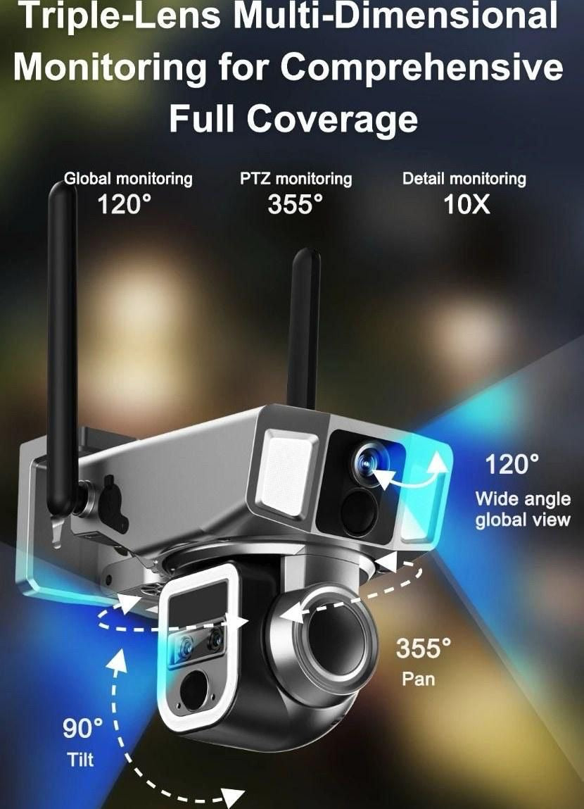 كاميرا مراقبة تعمل بالطاقة الشمسية 4G LTE /WIFI ثلاثية العدسات 4K 4MP تقريب 10x لاسلكي PTZ 2024
