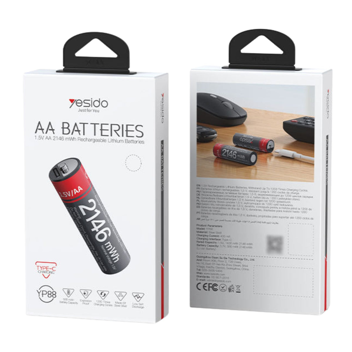 Yesido YP88 1.5V AA Rechargeable Lithium Batteries – 4 Pieces