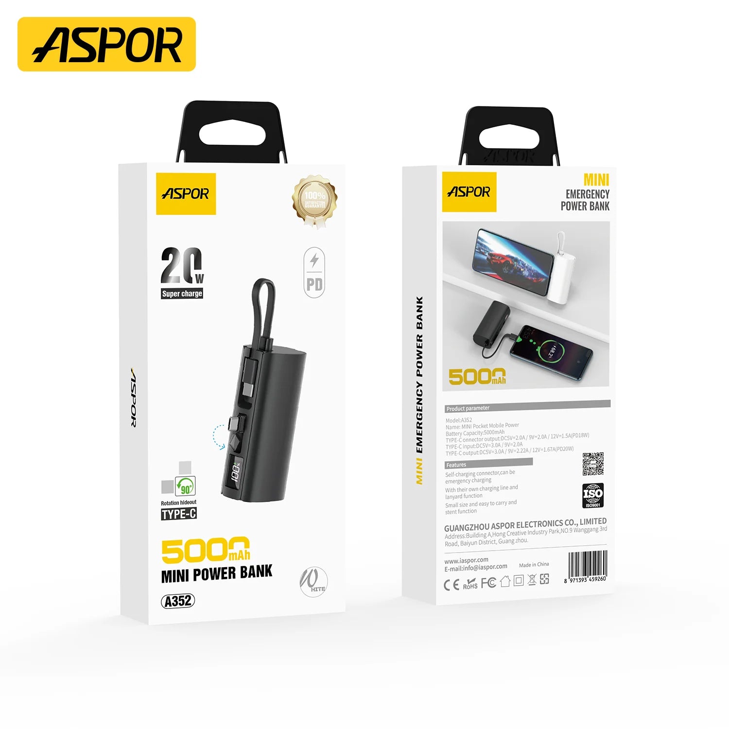 ASPOR A352 Factory Price Built in Cable 5000mAh Ultra-Thin Mini Compact Portable Emergency Power