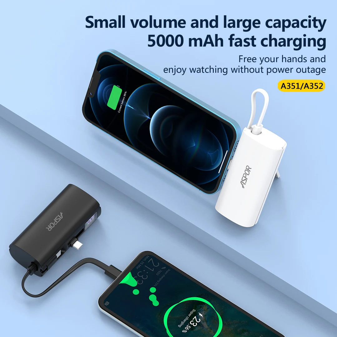 ASPOR A352 Factory Price Built in Cable 5000mAh Ultra-Thin Mini Compact Portable Emergency Power