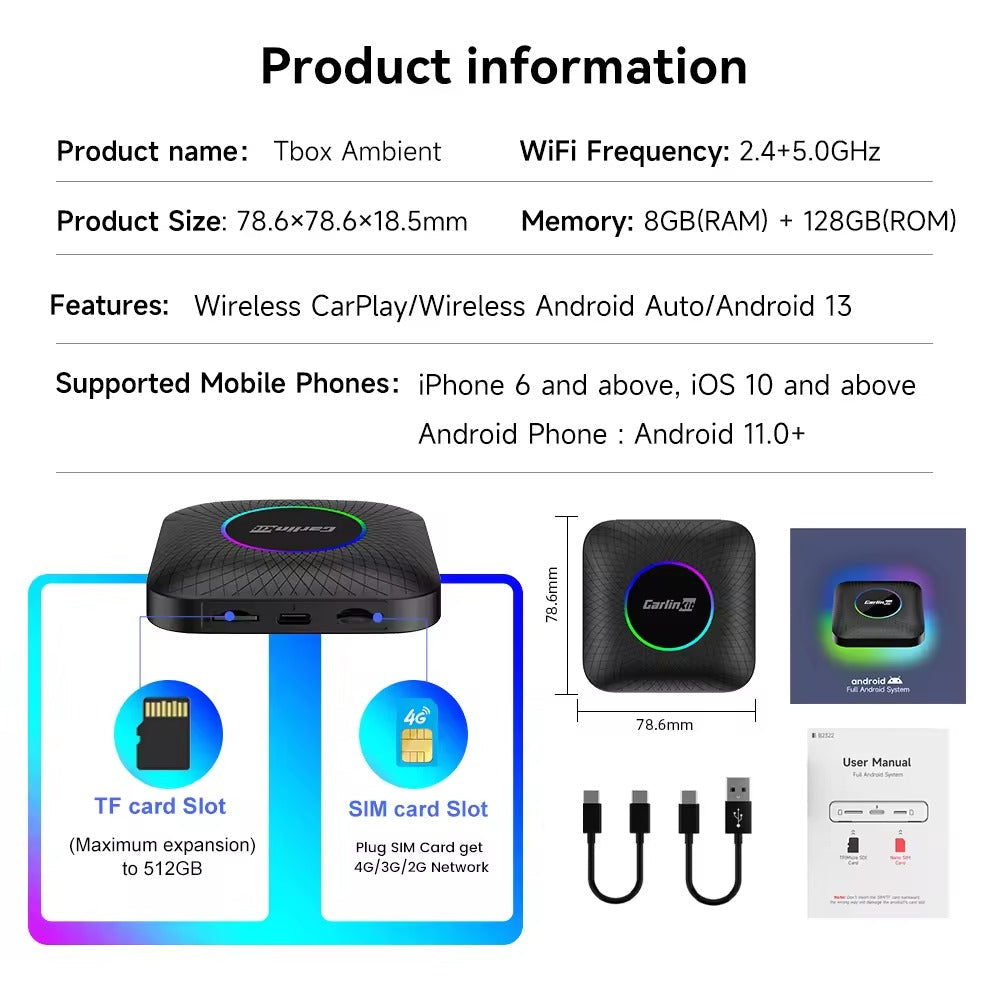 صندوق Carlinkit 6225 CarPlay Android 13 AI الذكي بسعة 8 جيجابايت + 128 جيجابايت
