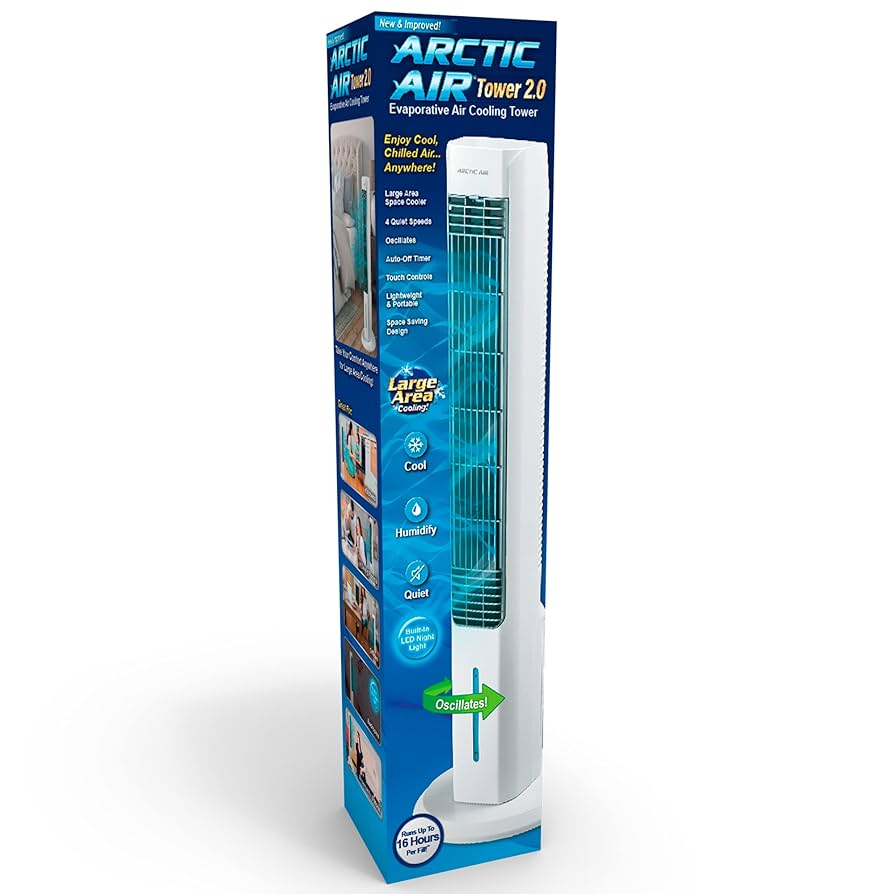 مبرد الهواء التبخيري Arctic Air Tower 2.0 - تبريد الغرف ذات المساحة الكبيرة، 4 إعدادات للسرعة،