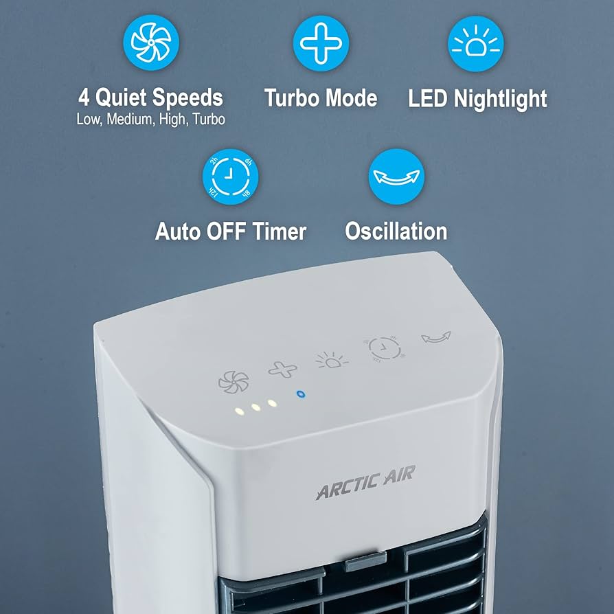 مبرد الهواء التبخيري Arctic Air Tower 2.0 - تبريد الغرف ذات المساحة الكبيرة، 4 إعدادات للسرعة،