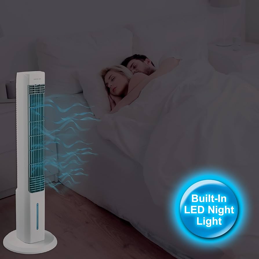 مبرد الهواء التبخيري Arctic Air Tower 2.0 - تبريد الغرف ذات المساحة الكبيرة، 4 إعدادات للسرعة،