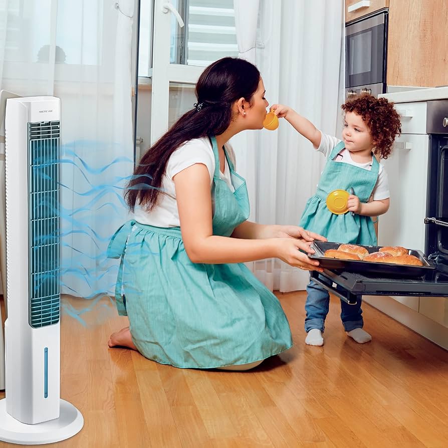 مبرد الهواء التبخيري Arctic Air Tower 2.0 - تبريد الغرف ذات المساحة الكبيرة، 4 إعدادات للسرعة،