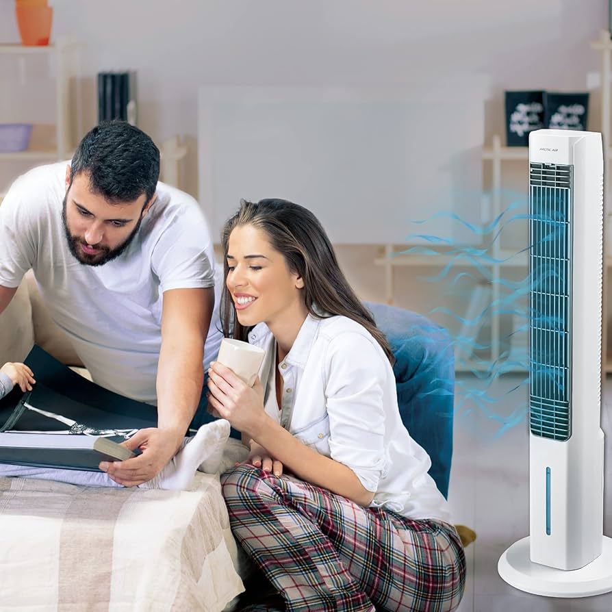 مبرد الهواء التبخيري Arctic Air Tower 2.0 - تبريد الغرف ذات المساحة الكبيرة، 4 إعدادات للسرعة،