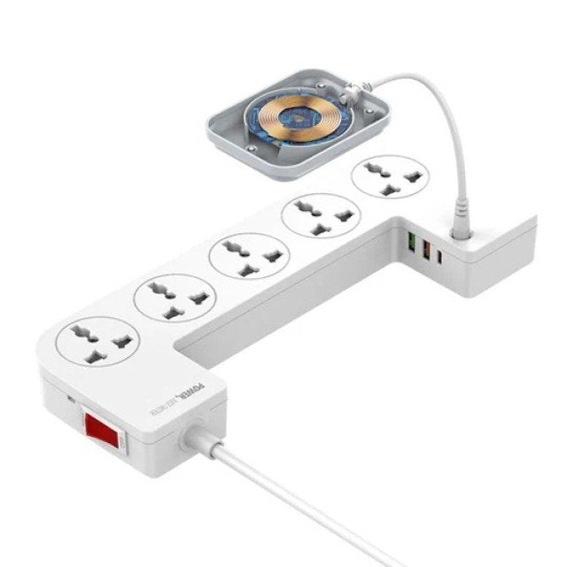 مشترك كهرباء 2500W مع منظم للكابلات وشاحن لاسلكي 3×1 مع 5 مقابس ثلاثية ومنفذين USB ومنفذ Type