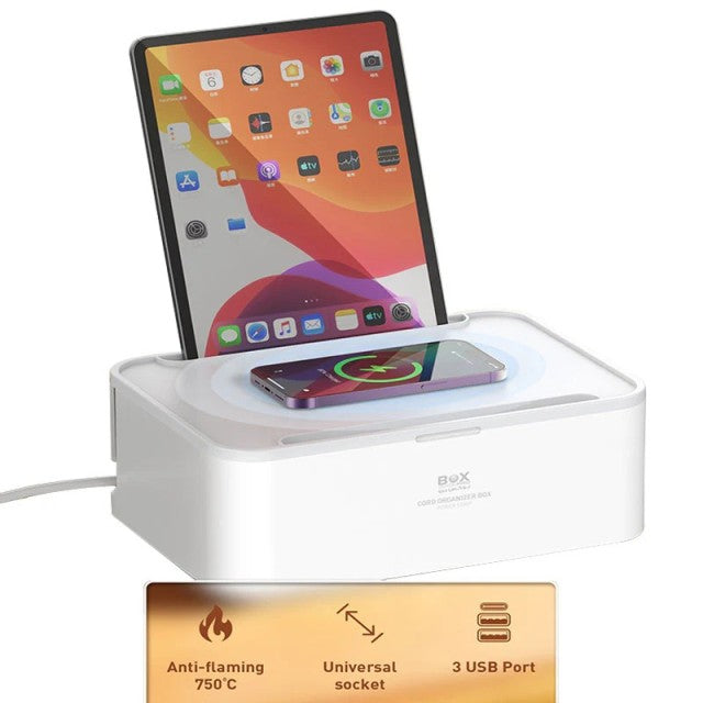 مشترك كهرباء 2500W مع منظم للكابلات وشاحن لاسلكي 3×1 مع 5 مقابس ثلاثية ومنفذين USB ومنفذ Type