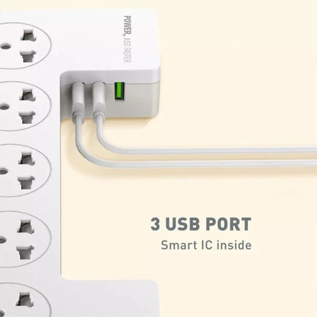 مشترك كهرباء 2500W مع منظم للكابلات وشاحن لاسلكي 3×1 مع 5 مقابس ثلاثية ومنفذين USB ومنفذ Type