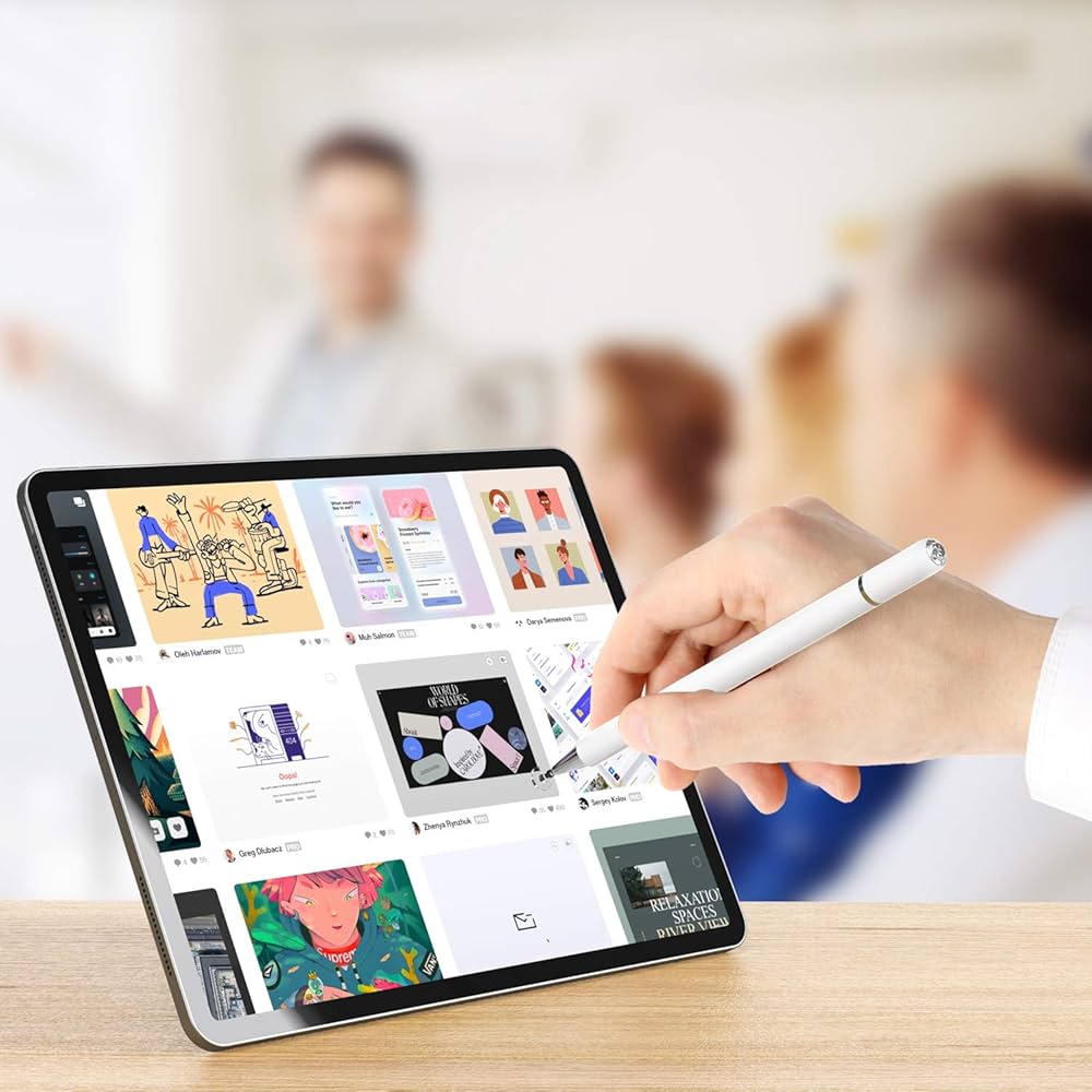 قلم ستايلس للشاشات التي تعمل باللمس،عالي الحساسية 2 في 1 بأطراف قرصية وألياف، قلم ستايلس برأس رفيع للرسم والكتابة، لأجهزة آيباد، آيفون، آبل، ميني، إير، أندرويد )