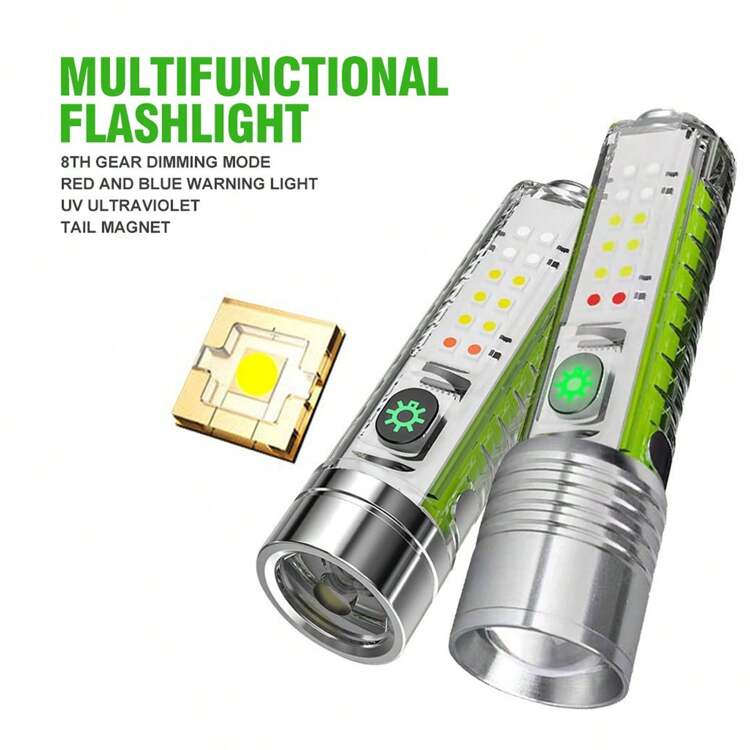 مصباح يدوي متعدد الوظائف بالليزر الأبيض طويل المدى مع ضبط التركيز، شحن من النوع C، مشبك مغناطيسي وسلسلة مفاتيح فلورية