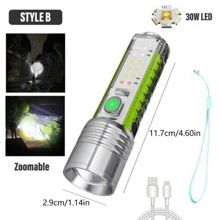 مصباح يدوي متعدد الوظائف بالليزر الأبيض طويل المدى مع ضبط التركيز، شحن من النوع C، مشبك مغناطيسي وسلسلة مفاتيح فلورية