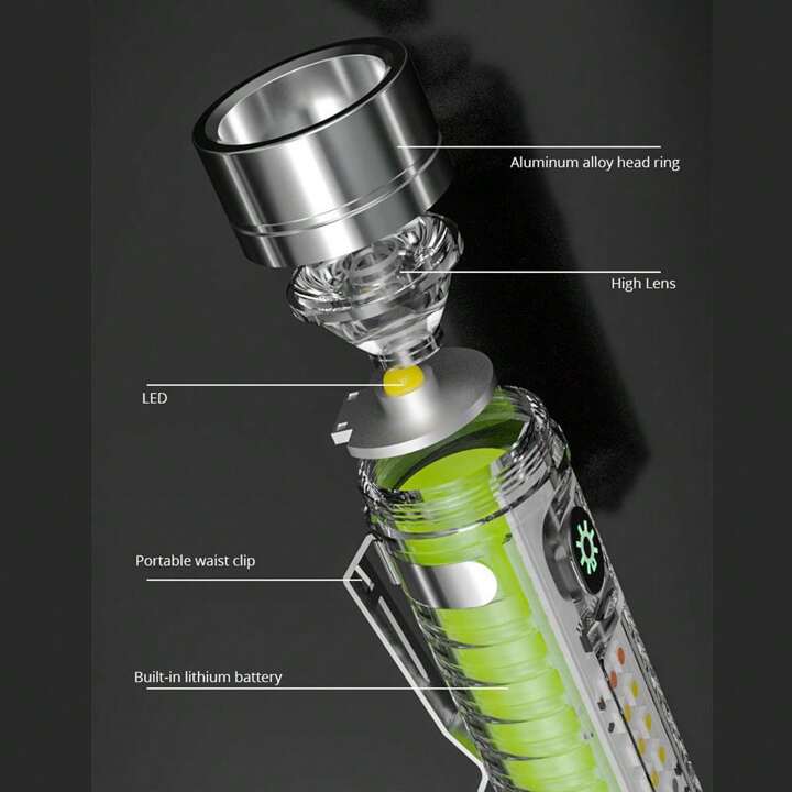 مصباح يدوي متعدد الوظائف بالليزر الأبيض طويل المدى مع ضبط التركيز، شحن من النوع C، مشبك مغناطيسي وسلسلة مفاتيح فلورية