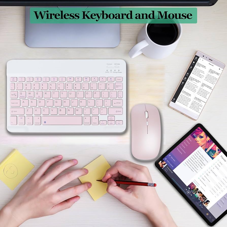 لوحة مفاتيح وماوس لاسلكي انكليزي / عربي يعمل بتقنية Bluetooth فائق الدقة لأجهزة iPad Pro/iPad Air/iPad 9.7 وغيرها من الأجهزة iOS Android Windows