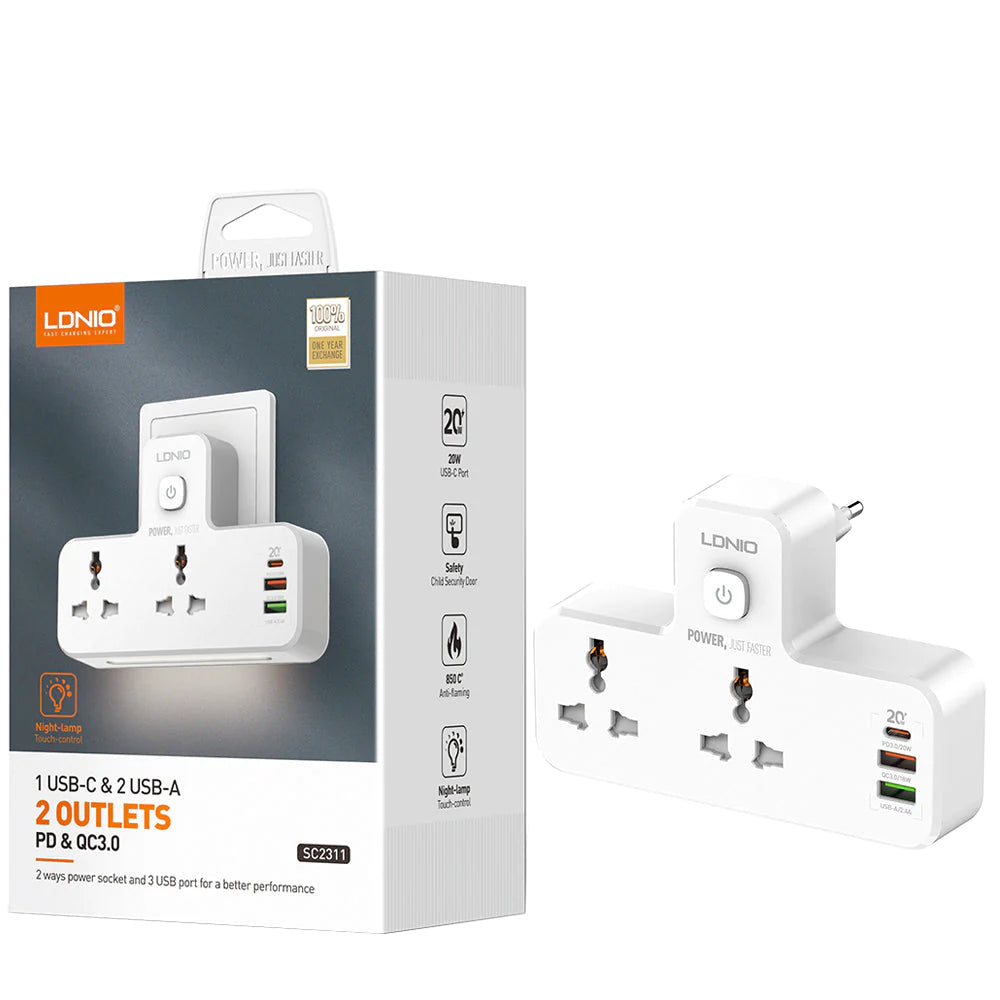 شاحن متعدد المنافذ Ldnio SC2311 مقبس طاقة شاحن USB 20 وات 3 منافذ - أبيض