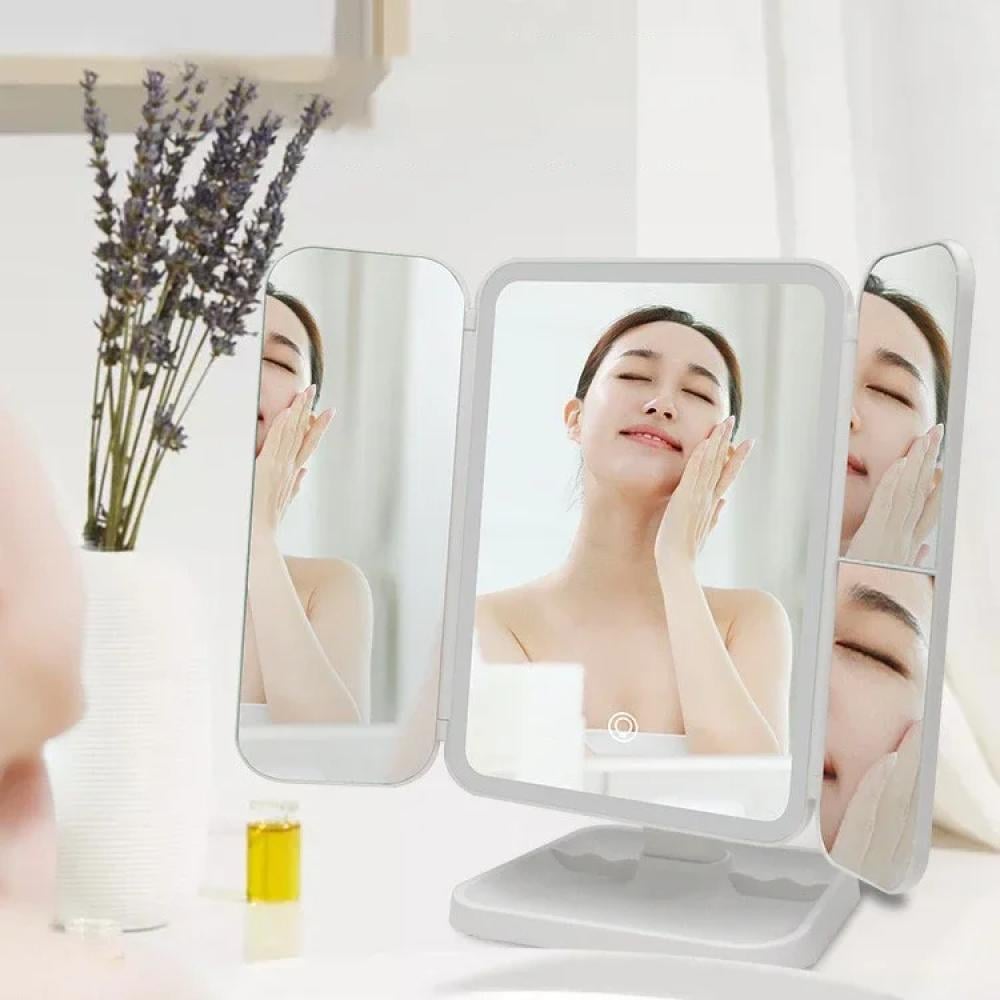 مرآة مكياج ثلاثية الطيات مضيئة بتصميم نمطي بسيط، مرآة ثلاثية الطيات مستطيلة أنيقة للجمال