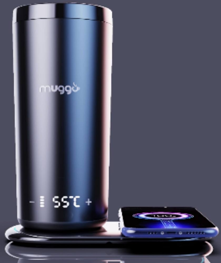 كوب Muggo للتحكم في درجة الحرارة بسعة 12 أونصة مع عمر بطارية 3 ساعات، للشاي والقهوة وسخان المشروبات الساخنة، كوب سفر ساخن مع شاحن مزدوج