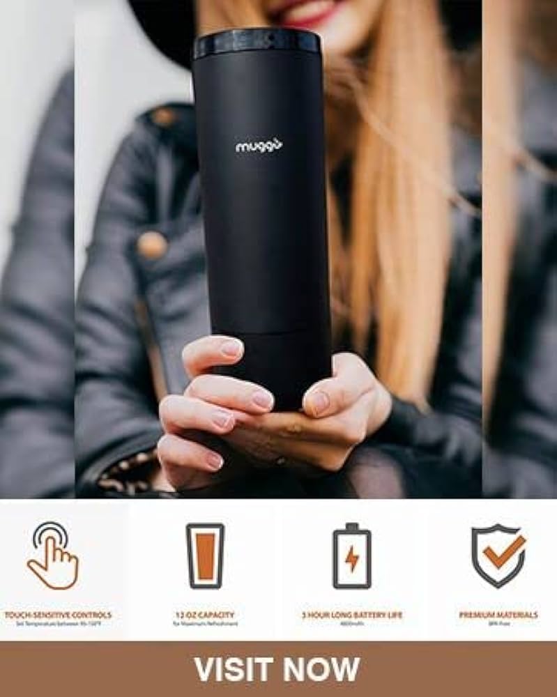 كوب Muggo للتحكم في درجة الحرارة بسعة 12 أونصة مع عمر بطارية 3 ساعات، للشاي والقهوة وسخان المشروبات الساخنة، كوب سفر ساخن مع شاحن مزدوج