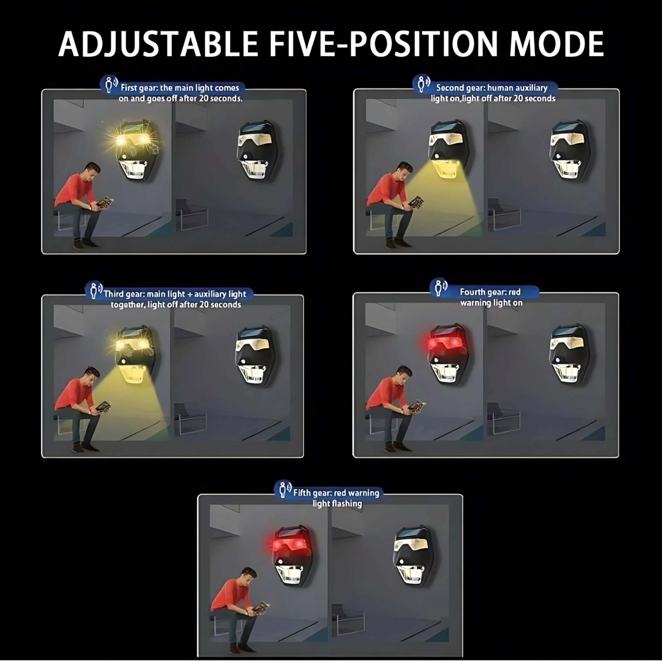 اضاءة جدارية تعمل بالطاقة الشمسية مع صفارة إنذار أمنية ومستشعر حركة و5 أوضاع مقاومة للماء T88