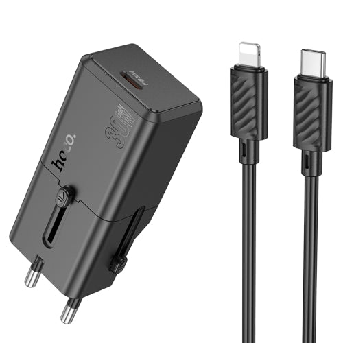 شاحن سفر عالمي hoco AC25 Mini أحادي المنفذ PD30W مع كابل من النوع C إلى 8 دبابيس (أسود)
