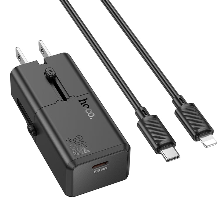 شاحن سفر عالمي hoco AC25 Mini أحادي المنفذ PD30W مع كابل من النوع C إلى 8 دبابيس (أسود)