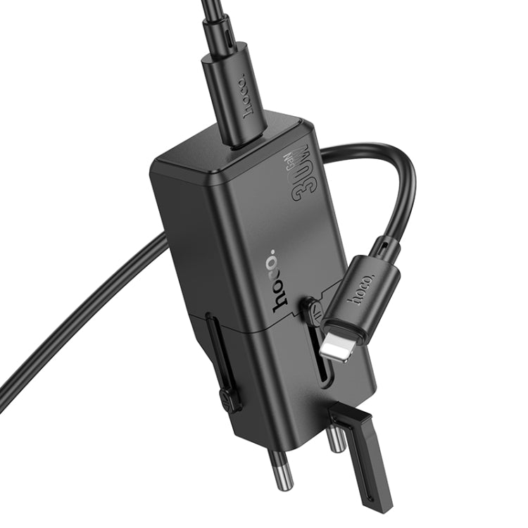 شاحن سفر عالمي hoco AC25 Mini أحادي المنفذ PD30W مع كابل من النوع C إلى 8 دبابيس (أسود)