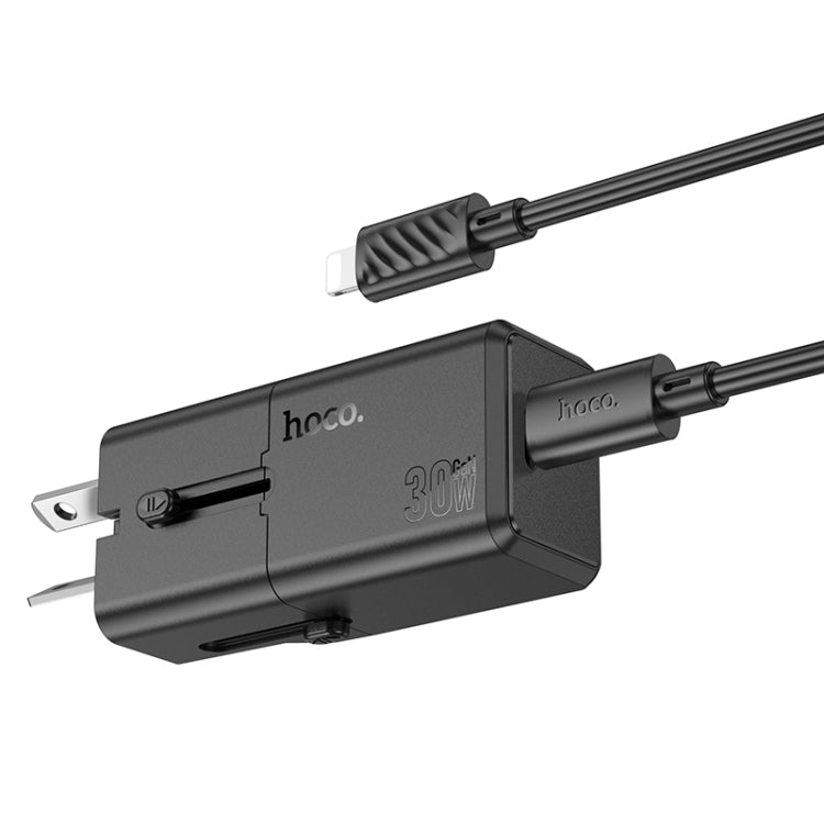 شاحن سفر عالمي hoco AC25 Mini أحادي المنفذ PD30W مع كابل من النوع C إلى 8 دبابيس (أسود)