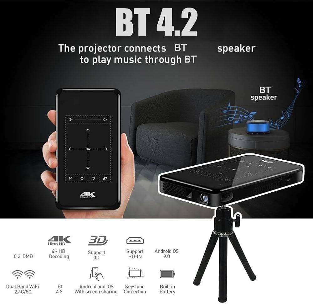 جهاز عرض صغير 4K HD DLP Bluetooth 4.2 حامل ثلاثي القوائم 4500 مللي أمبير في الساعة للمكتب والسفر والتخييم في الهواء الطلق