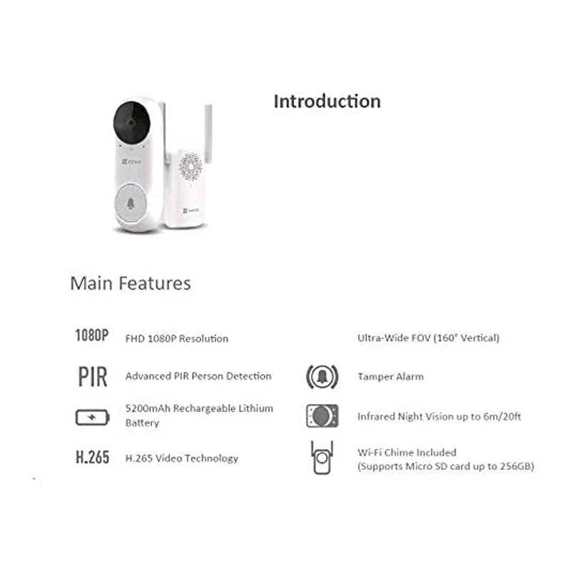 طقم جرس باب EZVIZ DB2C مزود بخاصية Wi-Fi مع جرس - H.265 / أبيض