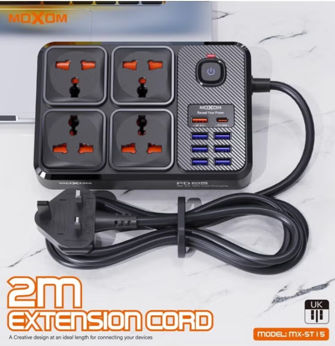 موزع طاقة Moxom مزود بمنافذ USB، ومنفذ PD للشحن السريع بقدرة 20 واط، و4 منافذ. 2500 واط، طراز MX-ST15