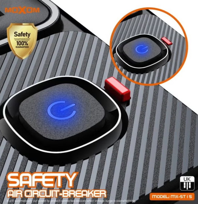 موزع طاقة Moxom مزود بمنافذ USB، ومنفذ PD للشحن السريع بقدرة 20 واط، و4 منافذ. 2500 واط، طراز MX-ST15
