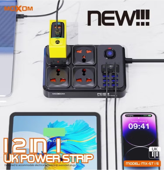 Moxom Power Strip and Charger USB Ports, PD Port Fast Charging 20W and 4 AC Power Sockets 2500W Max Outlets MX-ST15