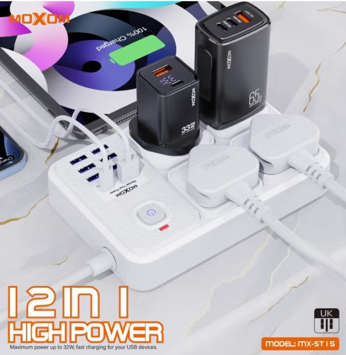 Moxom Power Strip and Charger USB Ports, PD Port Fast Charging 20W and 4 AC Power Sockets 2500W Max Outlets MX-ST15